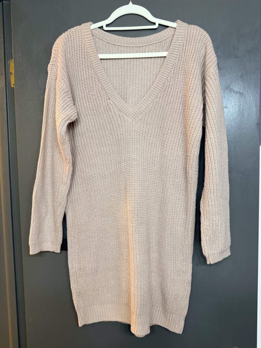 Lulu's Lightweight Tan Knit V-neck Sweaterdress